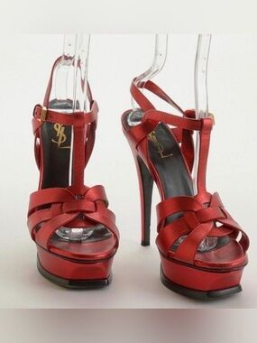 Women's YSL Fuchsia Satin TRIBUTE  Platform Sandal pair.